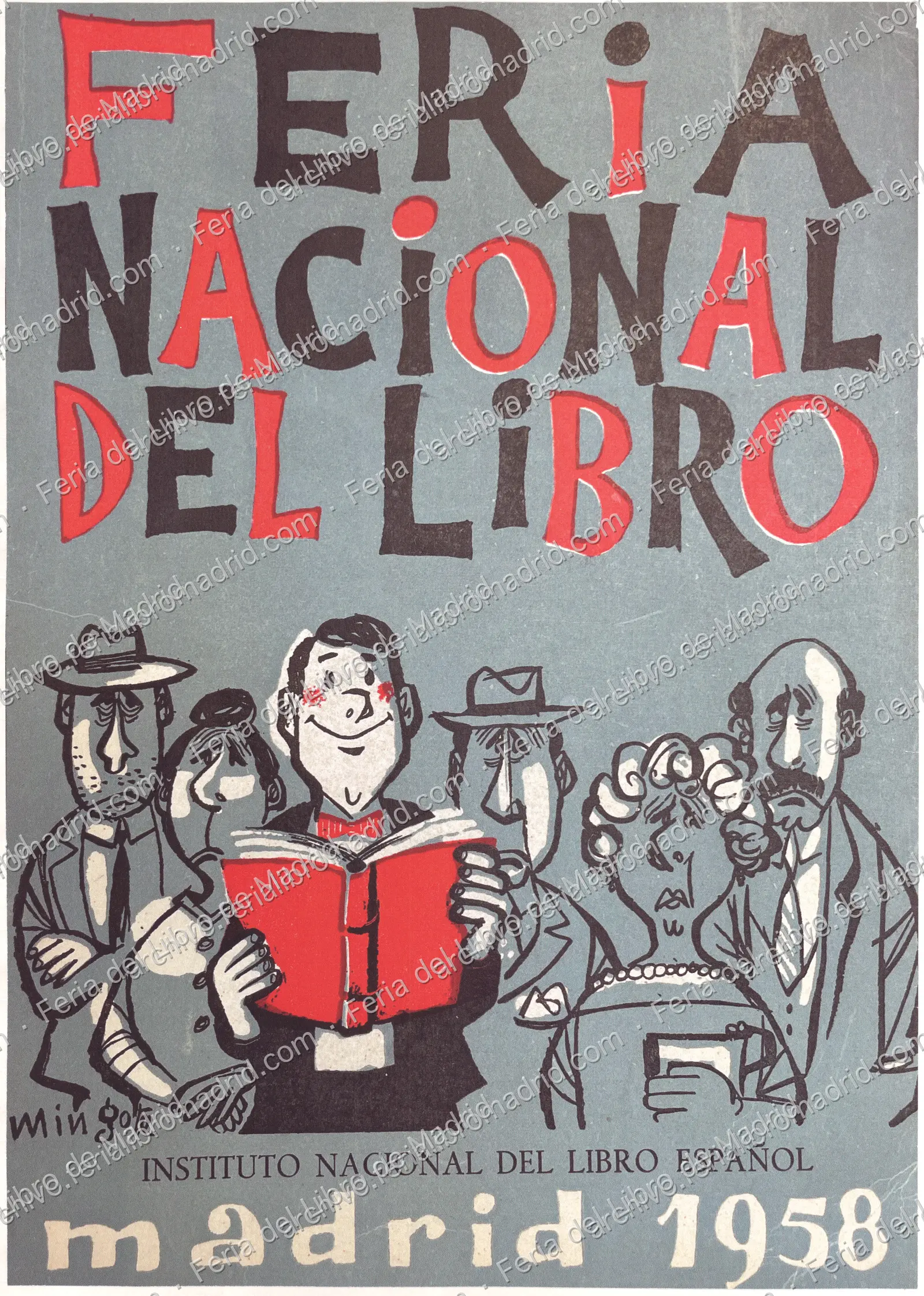 Cartel de la Feria Nacional del Libro. Madrid, 1958. Instituto Nacional del Libro Español. Autor: Mingote — página 1