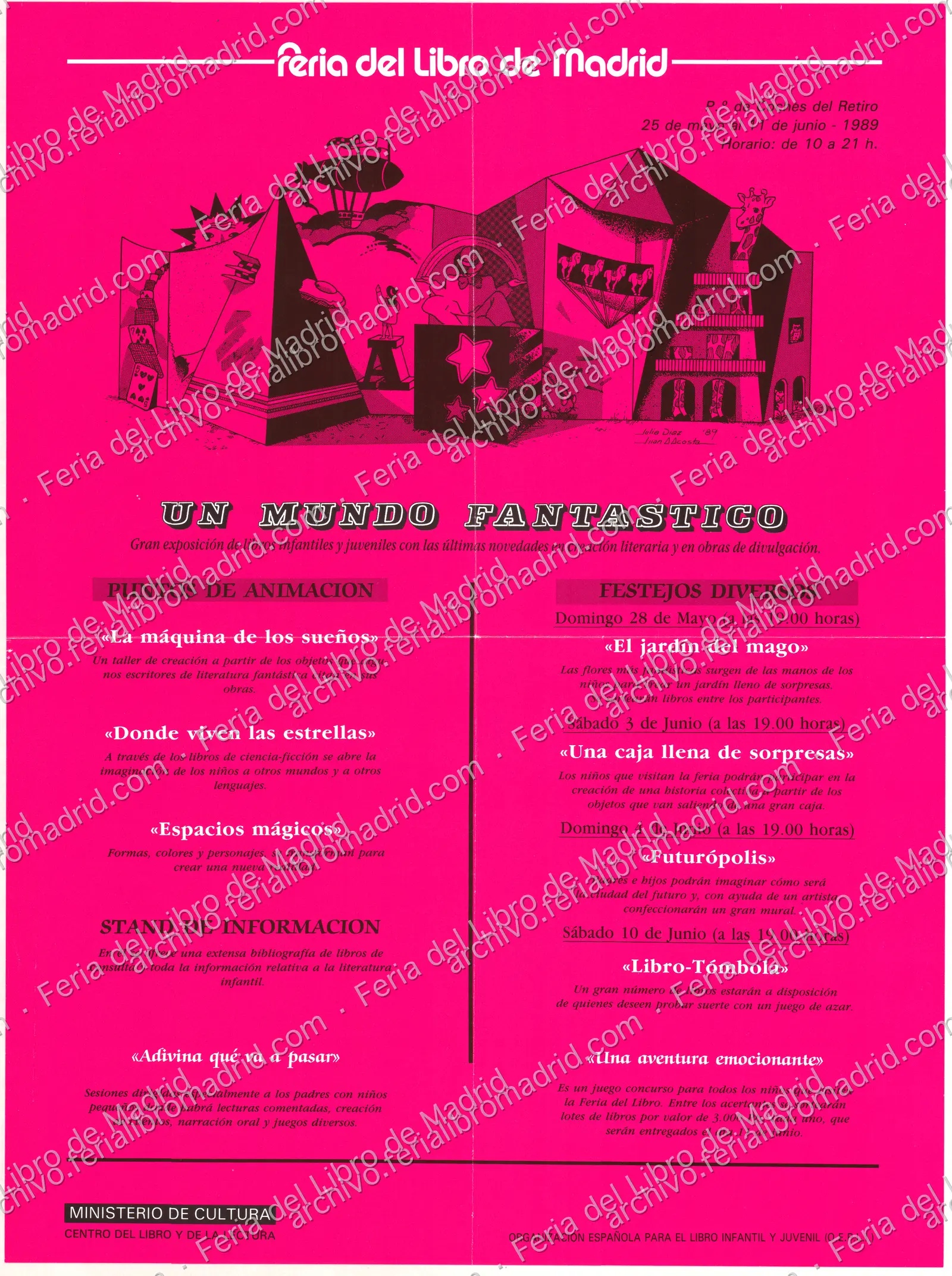 Cartel de programación infantil: "Un mundo fantástico"; ilustración firmada por Julia Díaz y Juan A. Acosta '89 — página 1