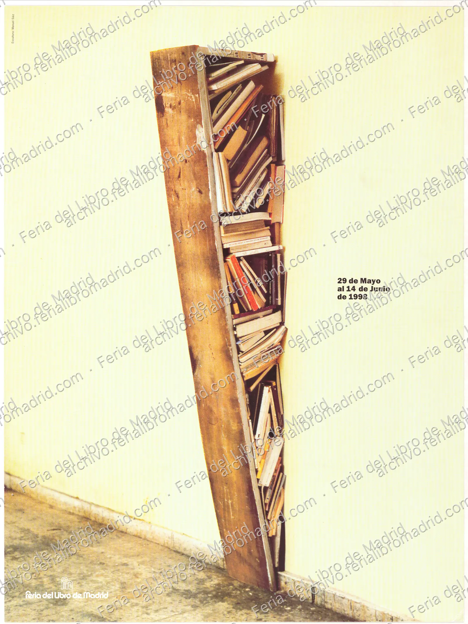 Cartel con estantería de libros, escultura de Manuel Sáiz. Feria del Libro de Madrid, del 29 de mayo al 14 de junio 1998 — página 1
