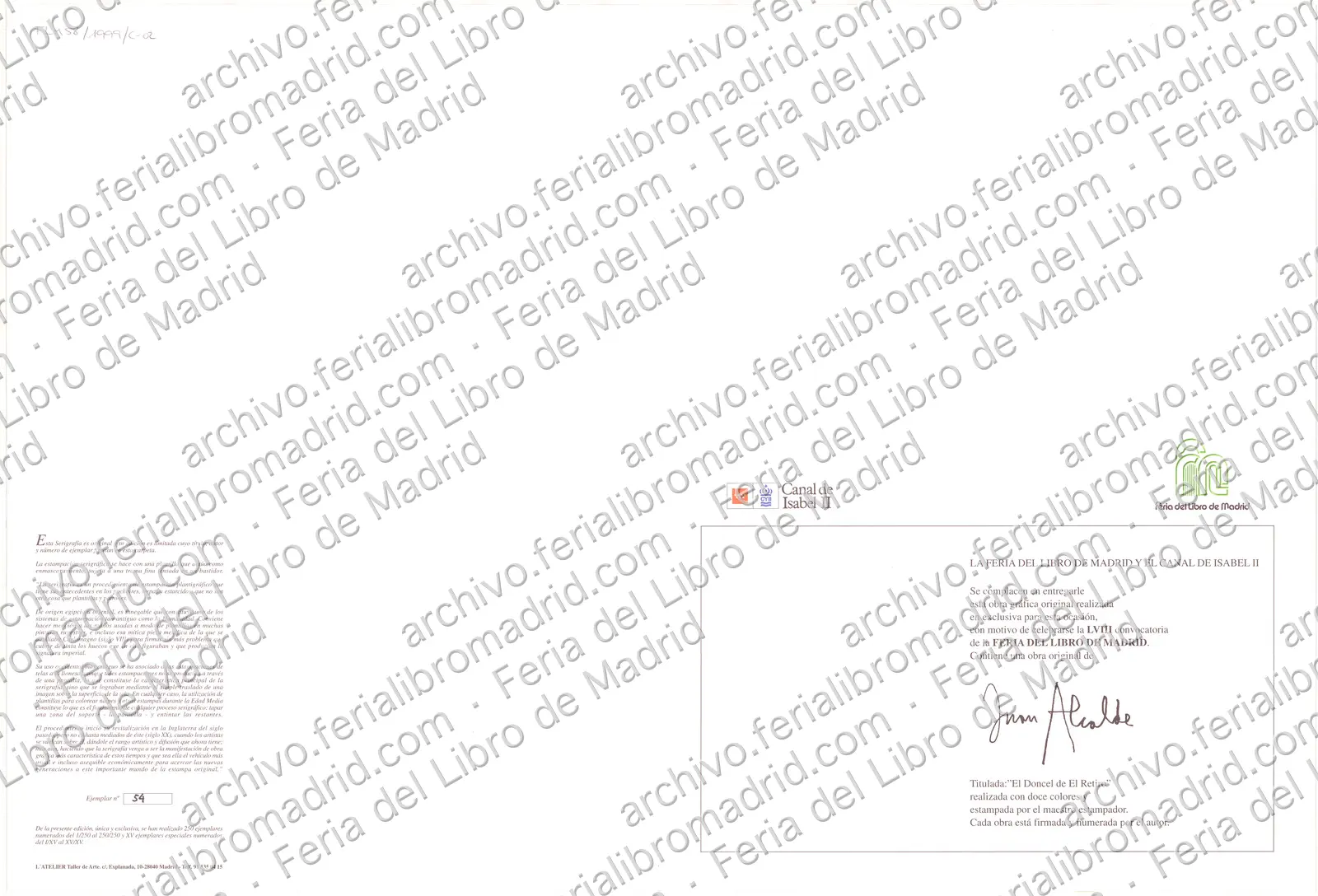 Grabado de Juan Alcalde titulado El doncel del Retiro en edición limitada de 250 ejemplares con motivo de la Feria de… — página 1