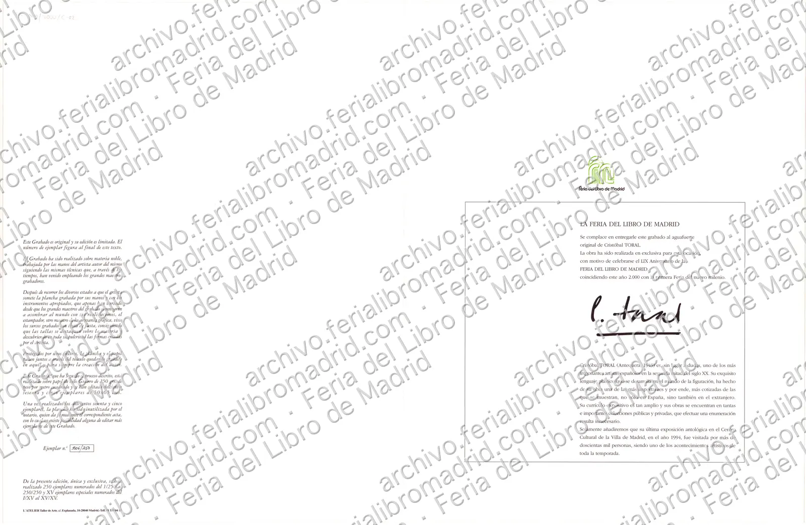 Grabado de Cristóbal Toral titulado en edición limitada de 250 ejemplares con motivo de la Feria del Libro — página 1