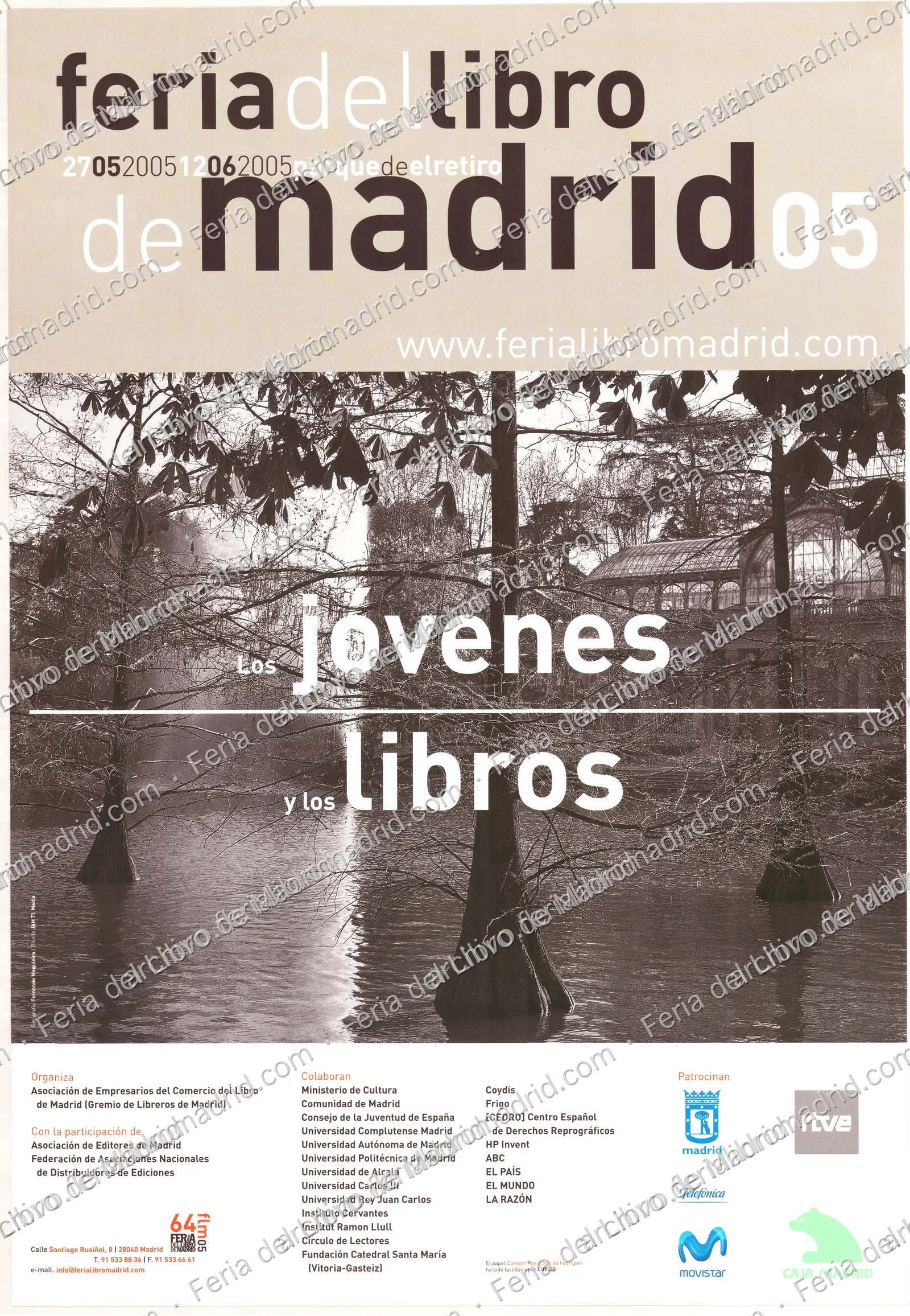 Feria del Libro de Madrid, del 27 de mayo al 12 de junio 2005, "Los Jóvenes y los libros", fotografía de Fernando Maquieira, diseño JAM — página 1