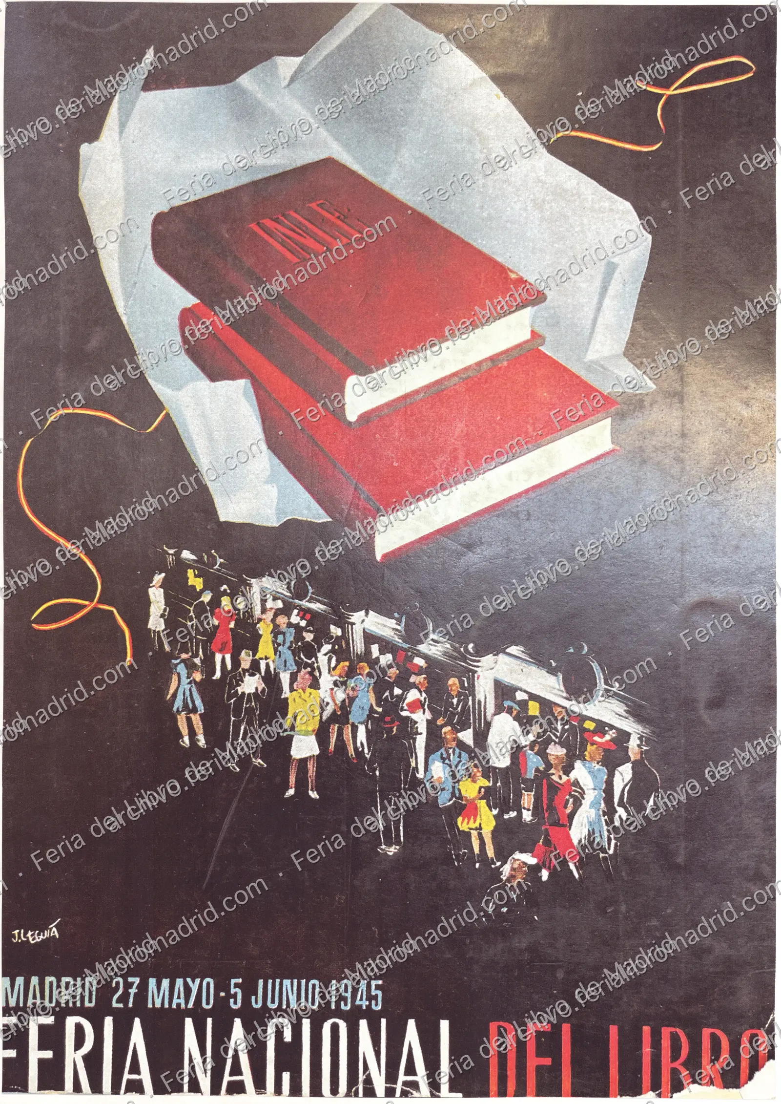 Cartel de la Feria Nacional del Libro. Madrid 27 mayo-5 junio 1945. Autor: J. Leguía — página 1
