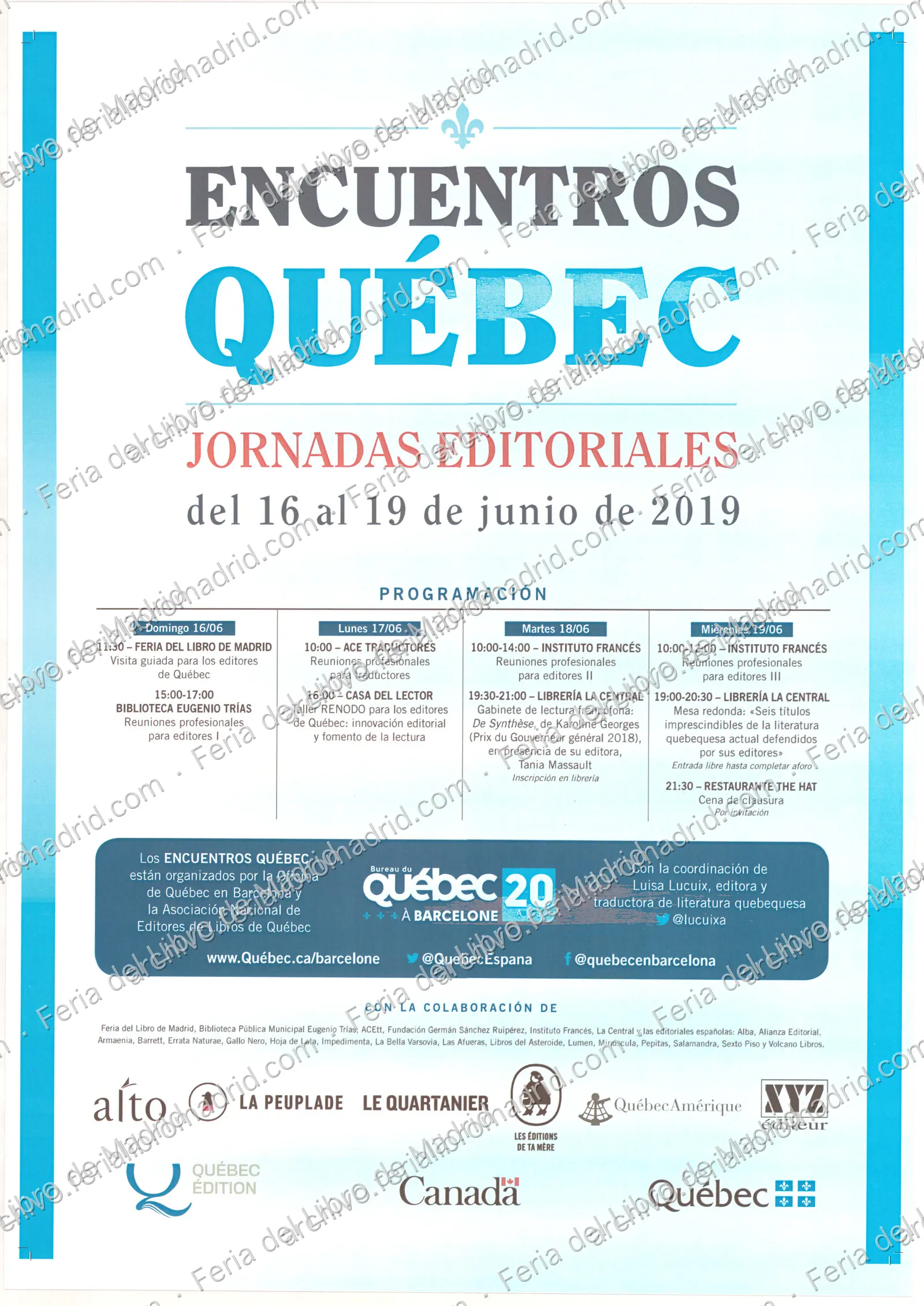 Cartel de Encuentros Québec Jornadas editoriales del 16 al 19 de junio de 2019 — página 1