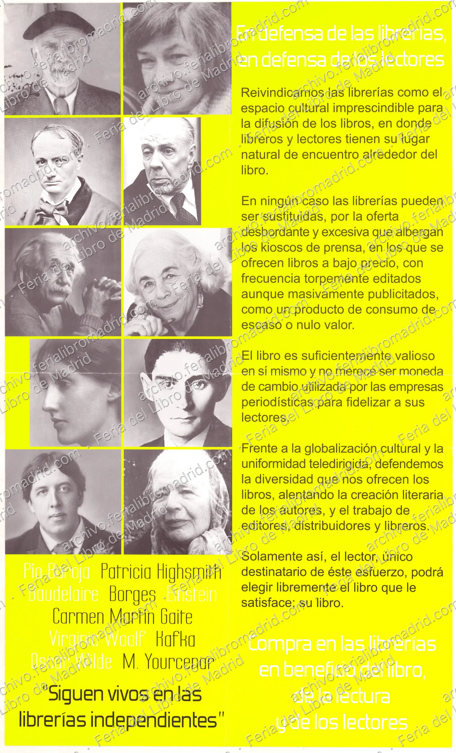 Cartel con retratos de autores "En defensa de las librerías, en defensa de los lectores" — página 1